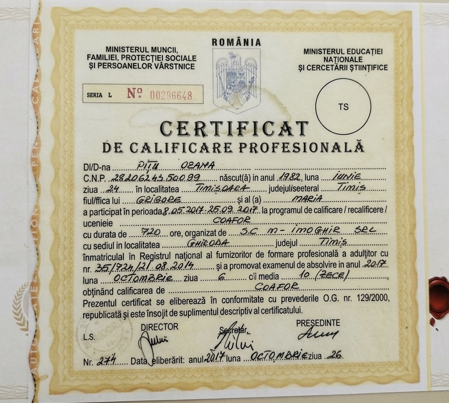 Certificat de Calificare Profesională — Coafor