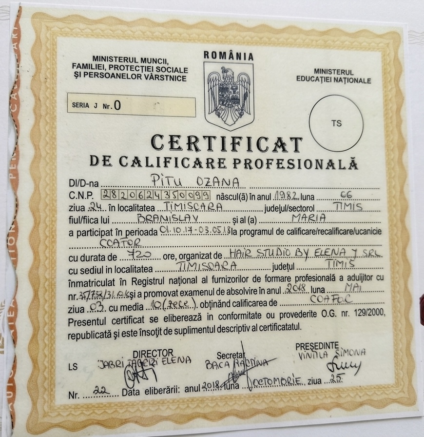 Certificat de Calificare Profesională — Coafor