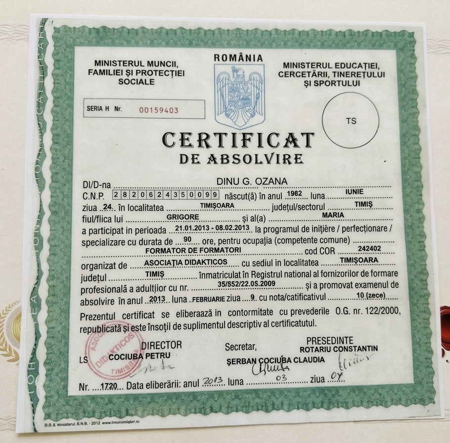 Certificat de Absolvire — Formator de Formatori